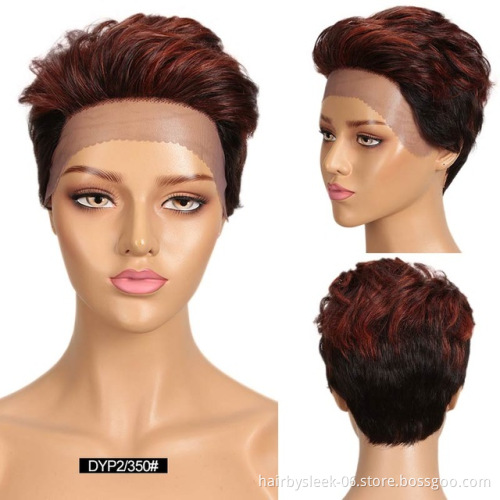 Rebecca Women Ombre Short Pixie Cut Human Hair Front Lace Wigs Dark brown Short Straight Wigs human Hd Lace Wig For Black Woman